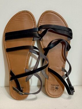 Montego Bay Club Black Strappy Tan Footbed Gladiator Sandals